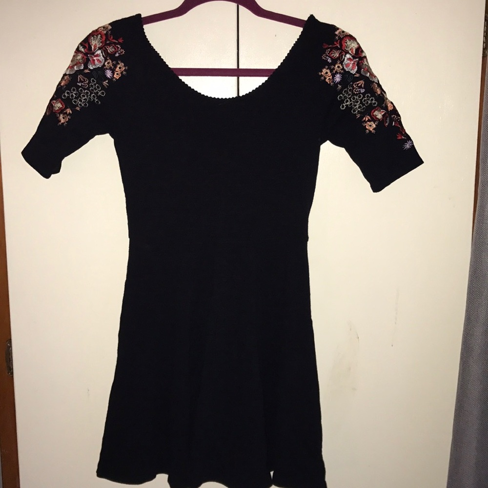 Free People black fit and flare dress embroidered